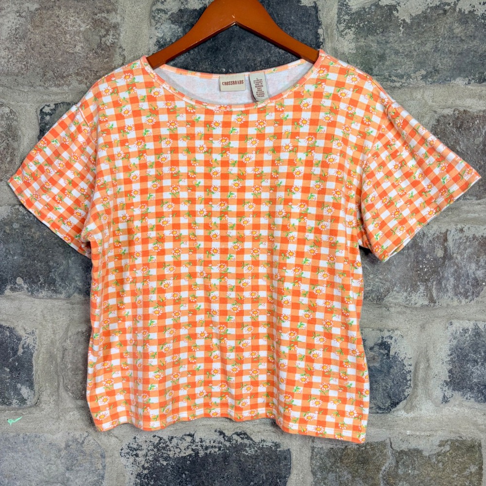 Crossroads Womens Orange Gingham Daisy Floral T-Shirt Cotton Blend Large Cottage